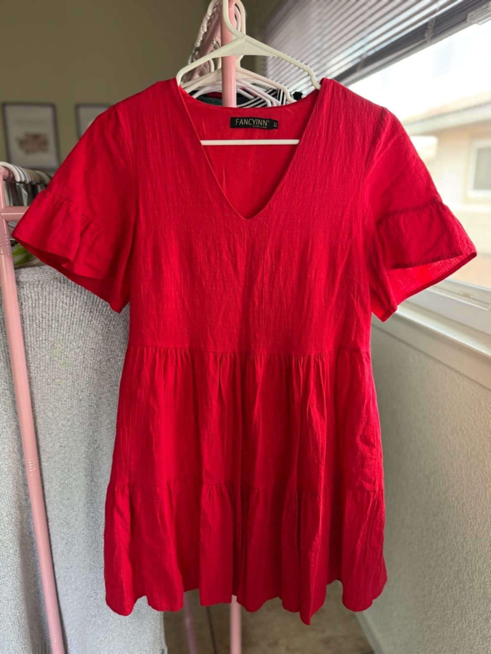 FANCYINN Bright Red V-Neck Tiered Short Sleeve Tunic